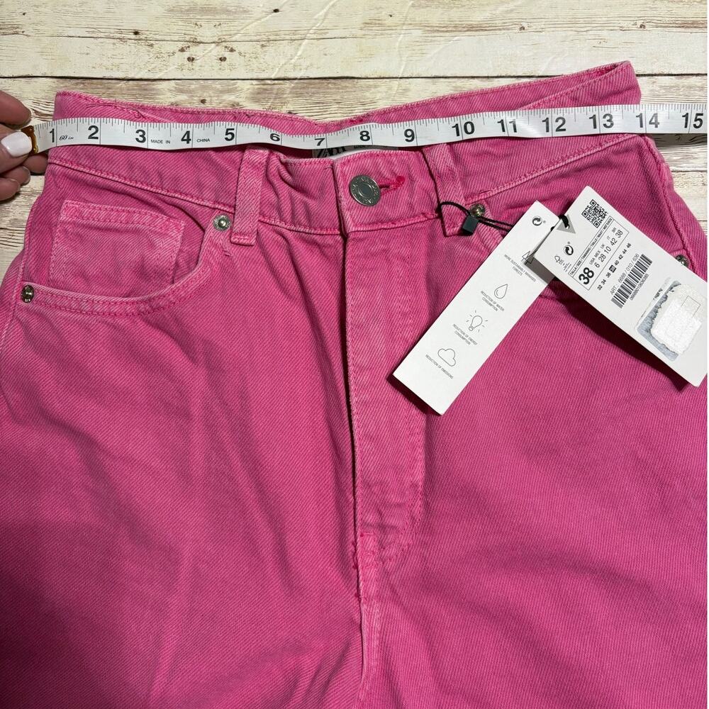 Zara Wide Leg Raw Hem Pink Jeans Denim Women's Size 6 Spring Pants High Rise NWT - Picture 10 of 10